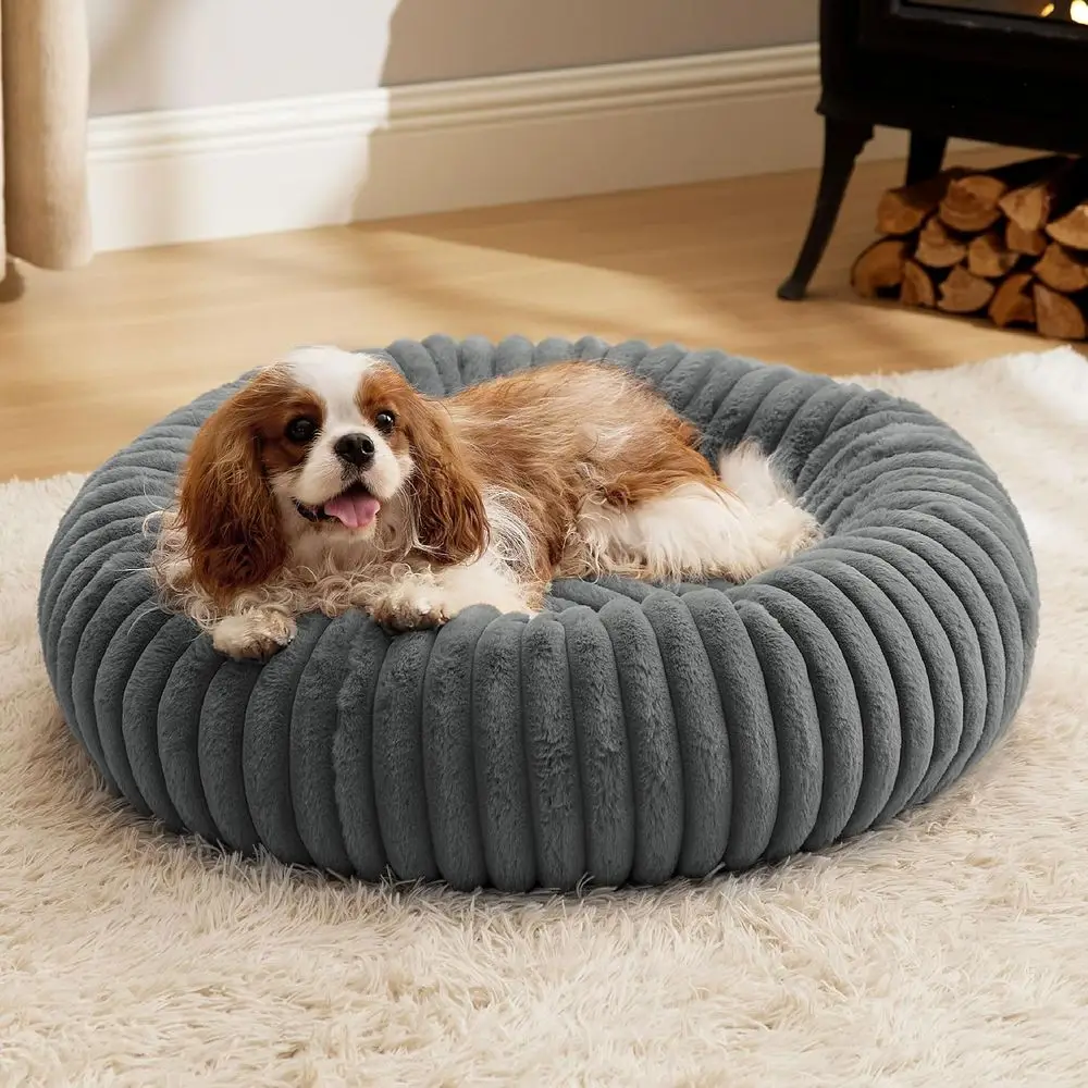 

Washable Donut Medium Dog Bed with Corduroy & Anti Slip Bottom, Round Pet Bed with Removable Cover, Warm Grey, 30x30x8 inches