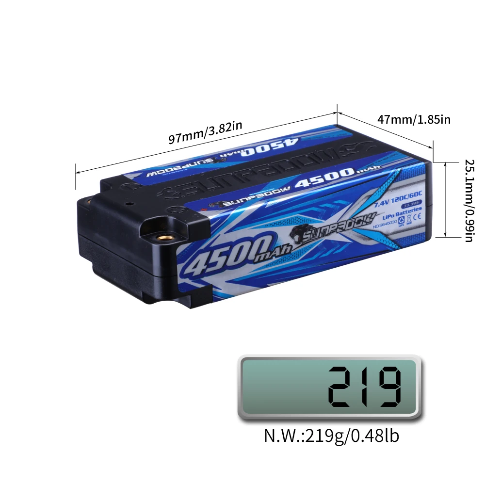 SUNPADOW Competition RC Lipo Battery 2S 4500mAh 6000mAh 120C60C with 4mm Bullet Connector for 1/10 Buggy Vehicles Car Truck Tank