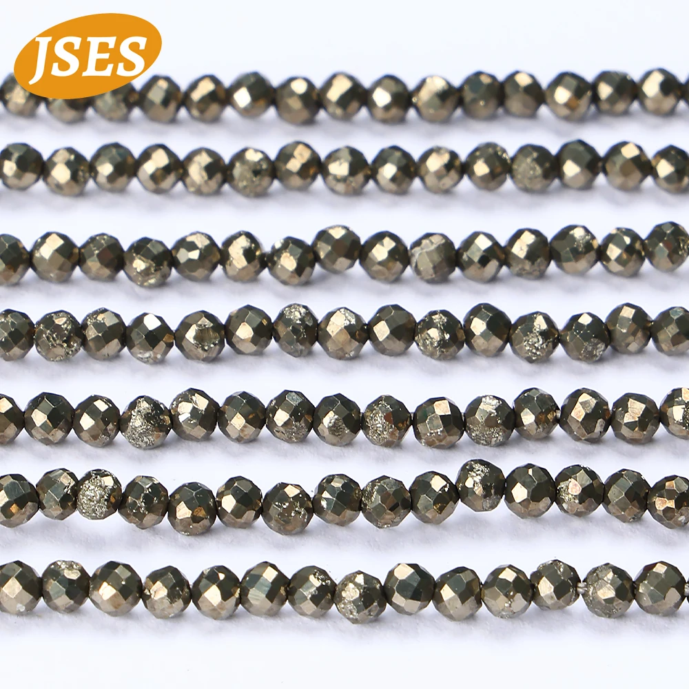 Natural 2/3mm Pyrite Faceted Round Stone Loose Beads Shinny For Jewelry Making DIY Bracelets Necklace Spacer Beads Wholesale