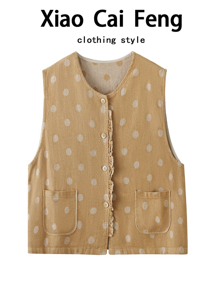 

Japanese Sle Polka Dot Lace Cotton Linen Vest Outerwear Women's Autumn Forest System Anti Aging oulder Pad Vest Trendy