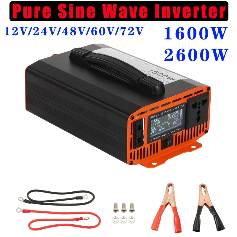 1600W/2600W Pure Sine Wave Inverter 12V/24V/48V/60V/72V to 110V 60Hz/220V-204V 50Hz Power Inverter Charger Converter Adapter