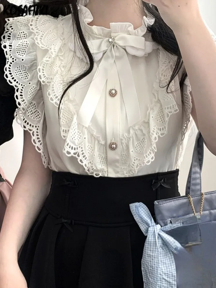 Kawaii Girl Sweet Lolita Flying Sleeve Shirt Y2k Aesthetic Lace Patchwork Blouse Women Japanese Tops Female Elegant JK Bow Blusa