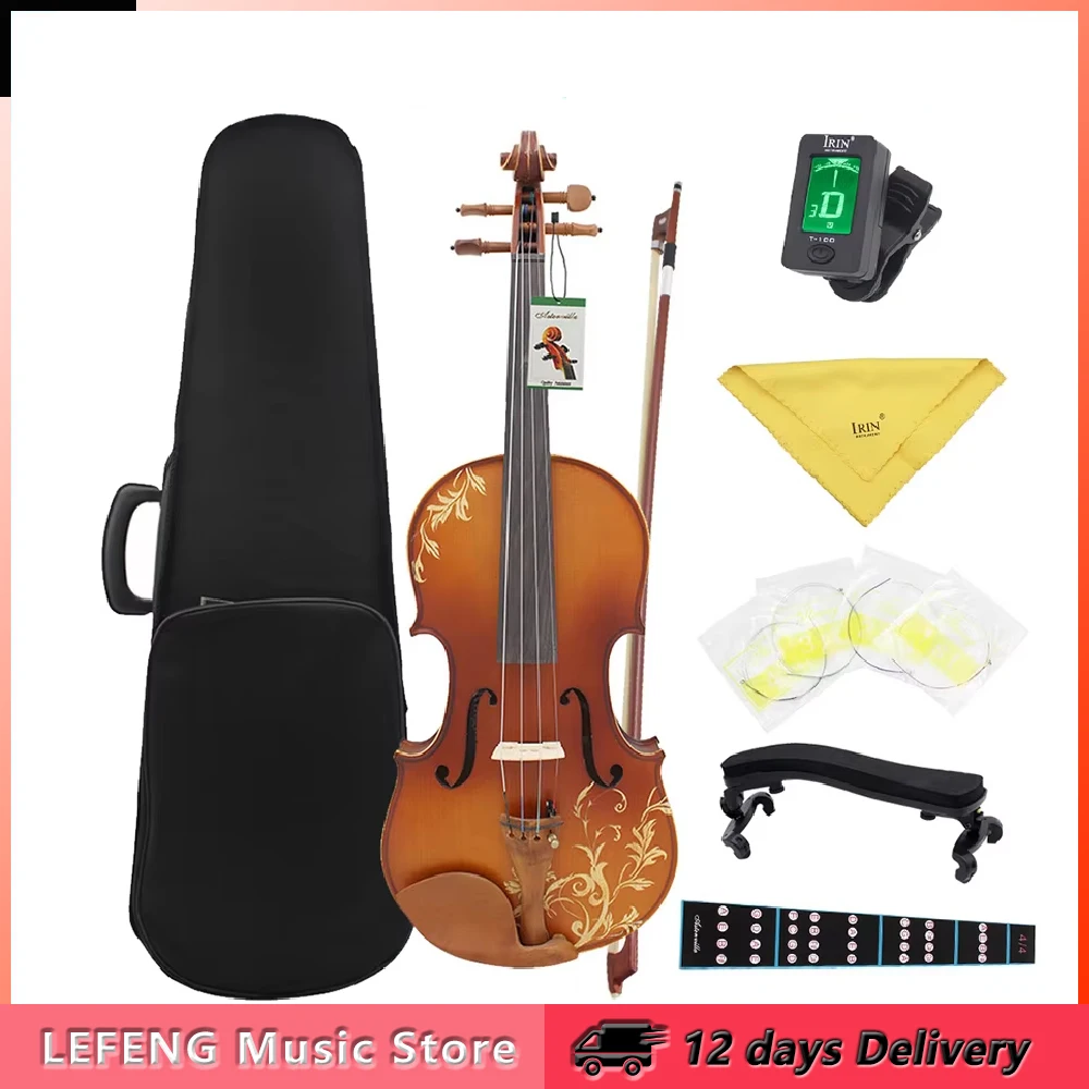 Astonvilla AV-608 4/4 Acoustic Violin Solid Wood Fiddle with Violin Case Bow Strings Shoulder Rest Tuner Cloth Parts Accessories