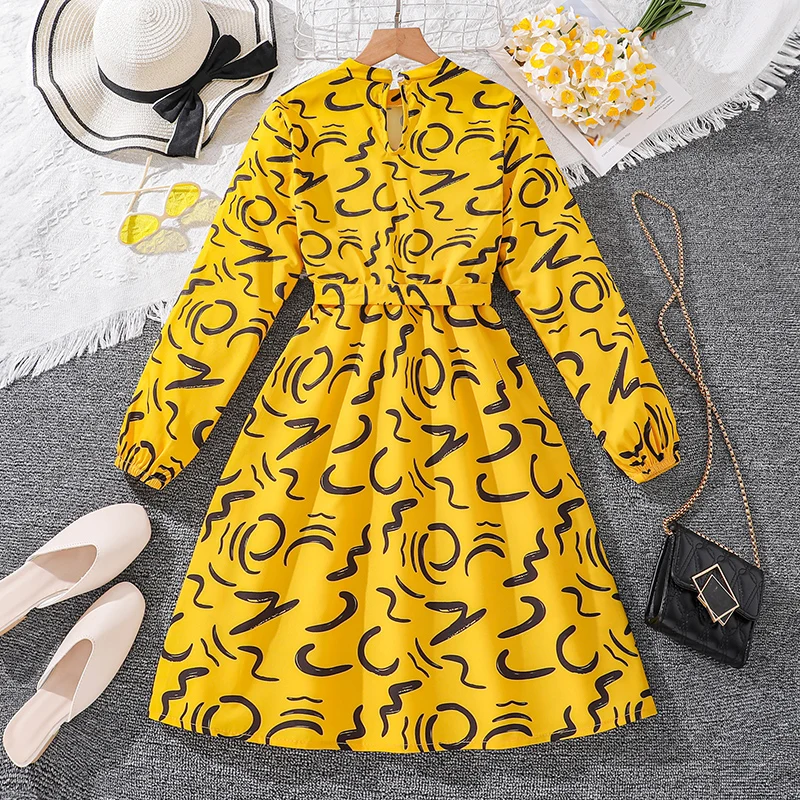 Spring And Autumn Girls Dress 8-12 Age O-neck Black Random Graphic Yellow Long-sleeved Dress