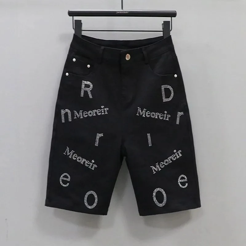 

Straight Five quarter Pants For women Hot stamping New Korean version Denim High waisted Casual Elastic Mid length Cycling Pants