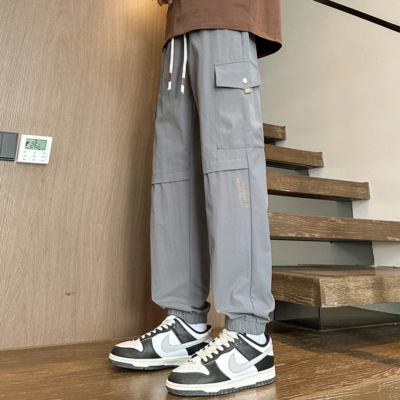 

Loose Trousers Bloomers Cargo High Waist Button Pockets Solid Color E Elastic Men's Casual Korean Fashion Spring Autumn Pants