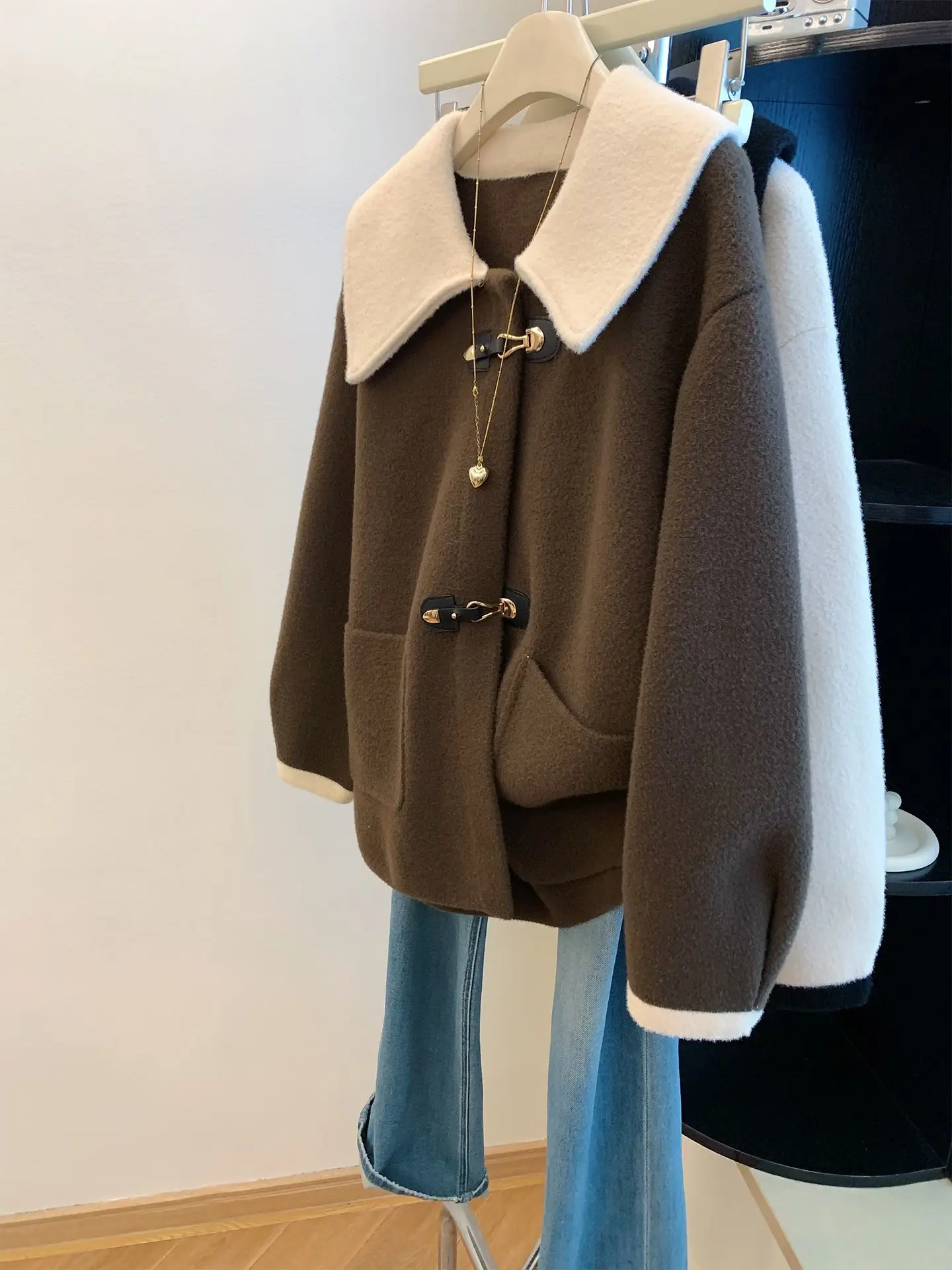 Brown Fragrant Wind Doll Collar Knitted Coat Women's Autumn And Winter Mid-ong loose casual High-end Thickened Top Woolen Coat