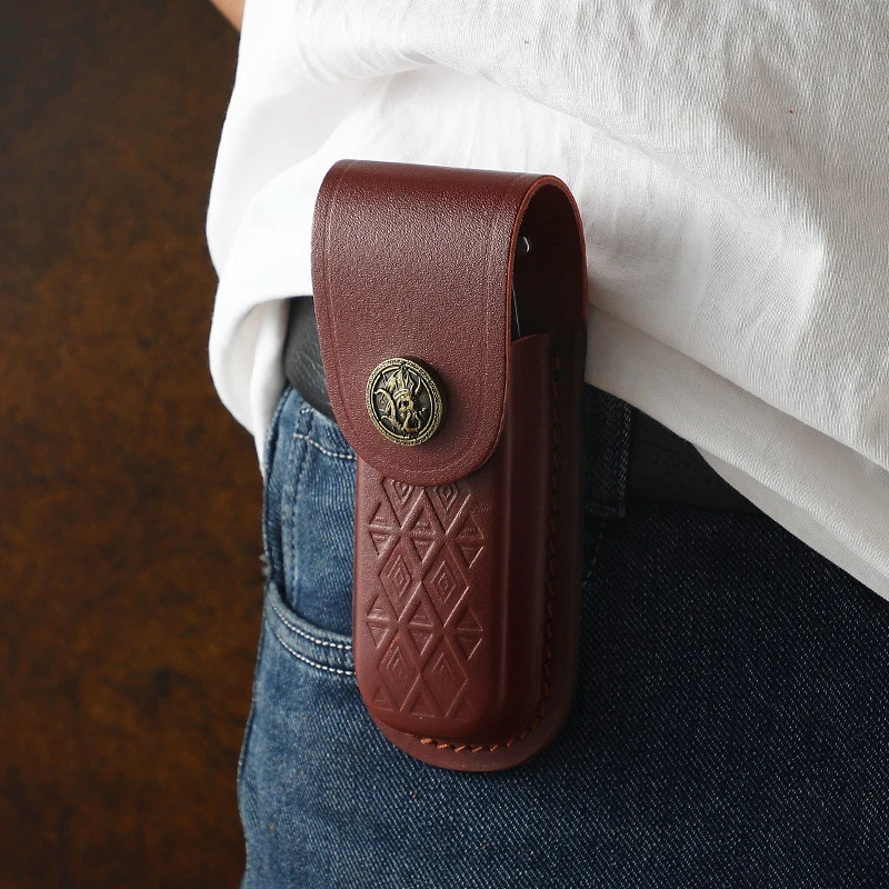 Handmade Genuine Leather Pocket Knife Case - Durable Cowhide Side-Mounted Folding Knife Protection Case For Storing The Leather view 2