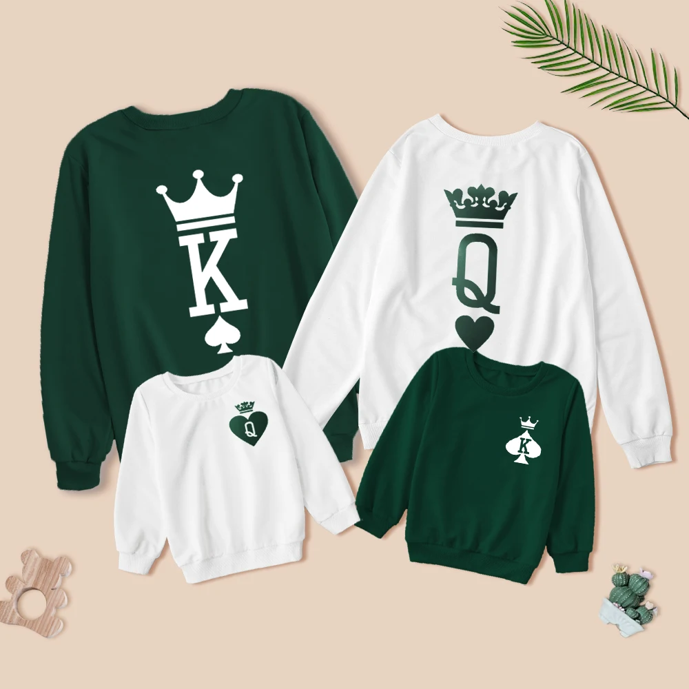 Family Matching Clothes Green Dad and Son Sweatshirt Crown print White mommy and daughter Family matching clothes