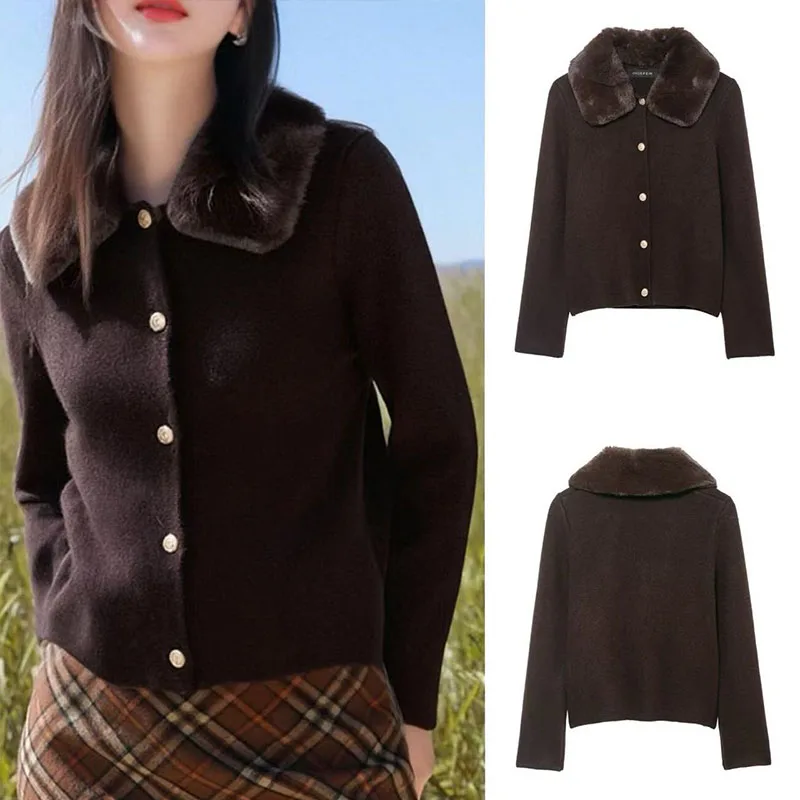 

Осень/зима 2025 г., новый пригородный стиль, простая и элегантная модная куртка с эффектом искусственного меха и вязаным воротником