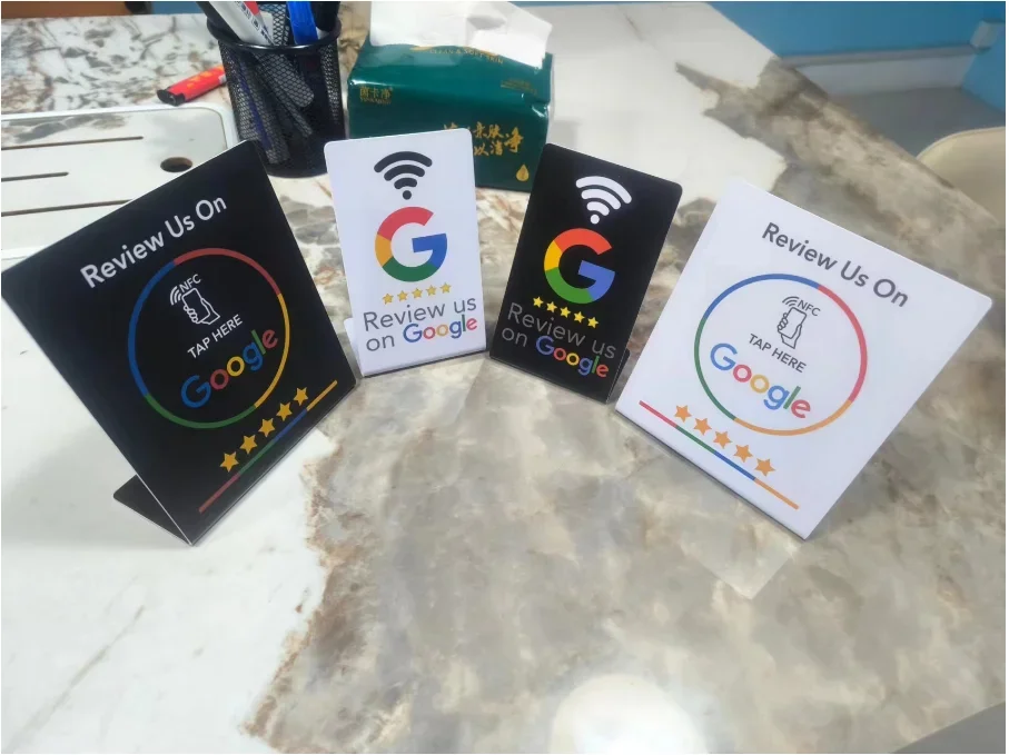 13.56Mhz programmable Google Review Card NFC station table NFC Google Reviews display bending card standing brand bracket