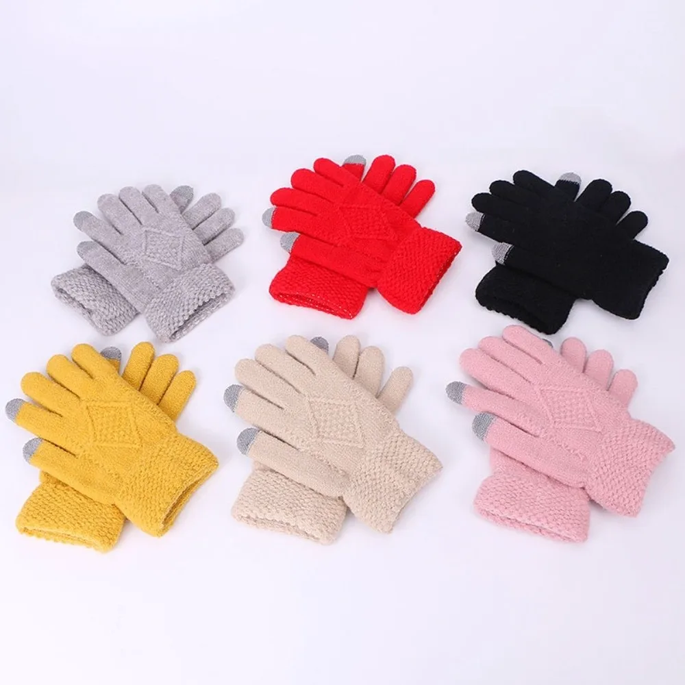 Yarmulke Elastic Scarf and Hat Set Touch Screen Warm Cold Proof Gloves Solid Color Soft Woolen Hat Daily