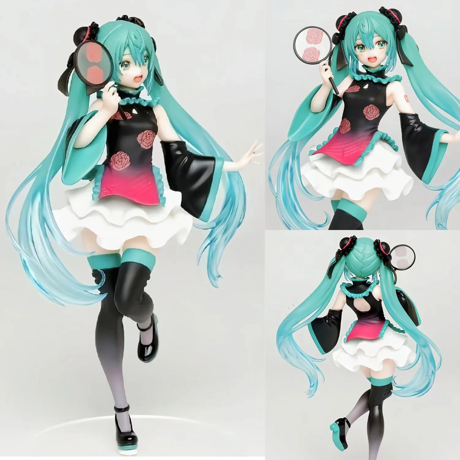 Hatsune Miku Anime Girl Figures Chinese Style Cheongsam Standing Posture with a Fan in Hand Figurines Doll Model Kids Toys Gifts