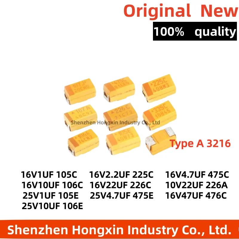 20 pieces Type A SMD Tantalum Capacitor   Ratings 25V 16V 10V   Capacitance 10uF 1uF 2.2uF 3.3uF 4.7uF 22uF 106uF   Package 1206