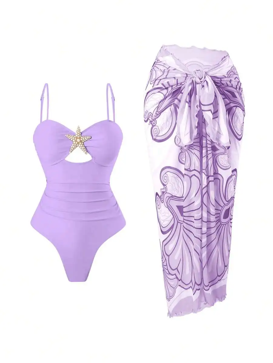 Womens Purple One-Piece Swimsuit With Starfish Decor And Ruched Tummy Control Plus Maxi Skirt