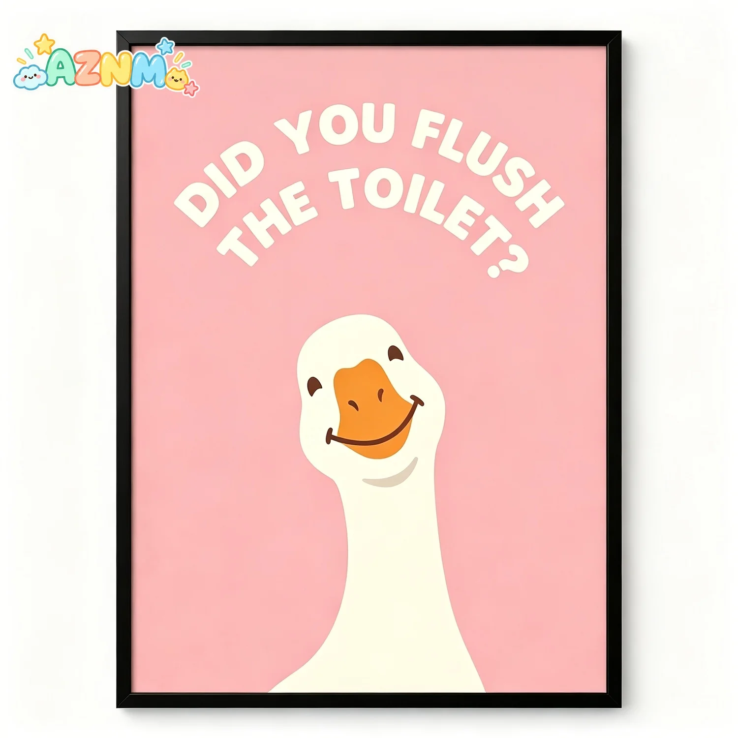 2D Flat, Posters And Prints Cute White Duck Funny Bathroom Quote Wall Art Print, Pink Background Did You Flush The Toilet Hum