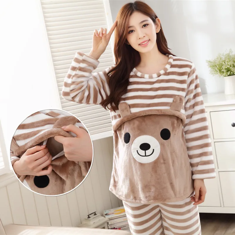 

Winter Maternity Pajamas Set Breastfeeding Top Long Trousers Twinset Postpartum Women Nursing pijamas para lactancia de polar