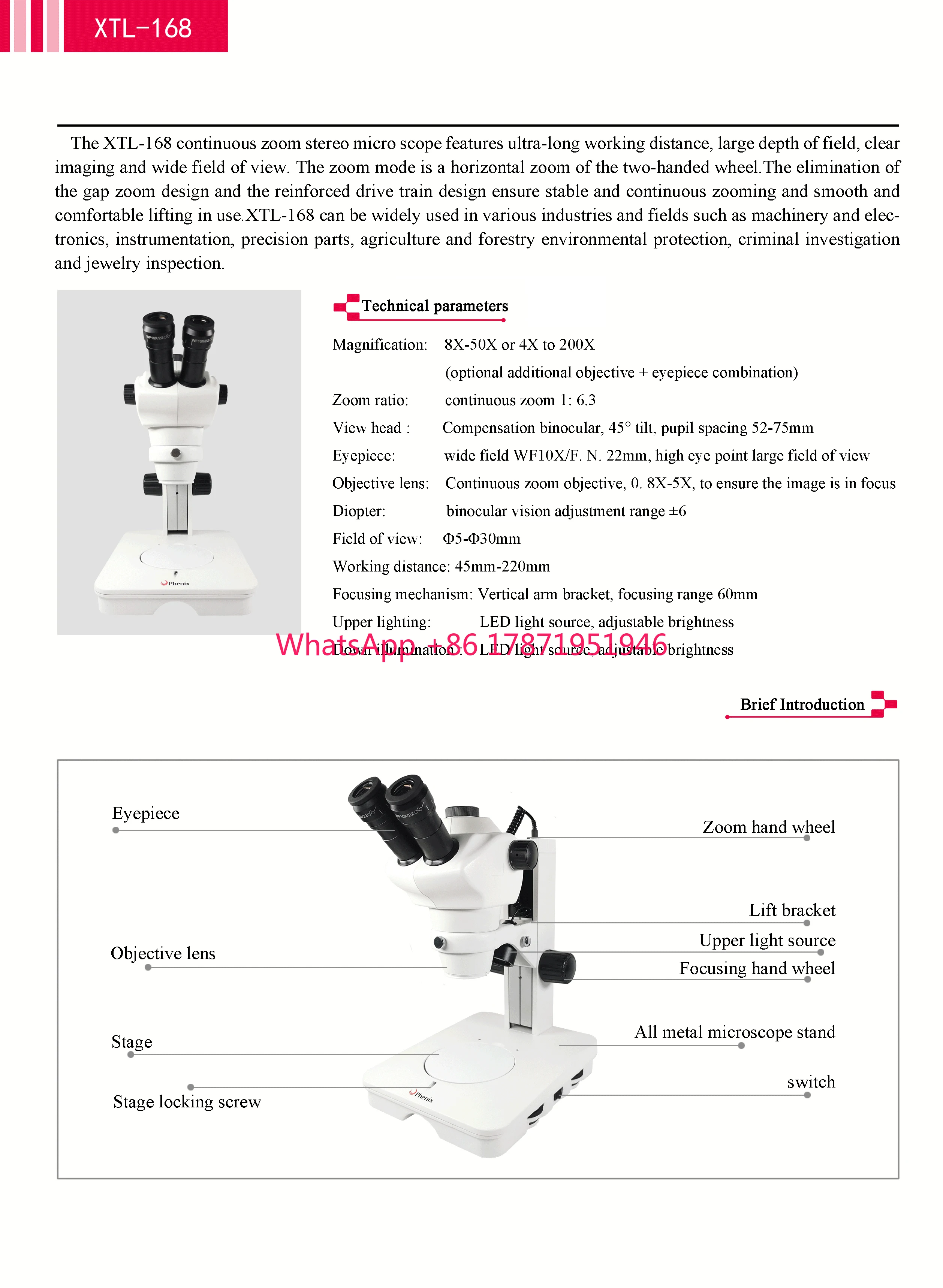 XTL-168  8X-50X Popular trinocular jewelry microscope Industrial zoom stereo microscope for cell phone