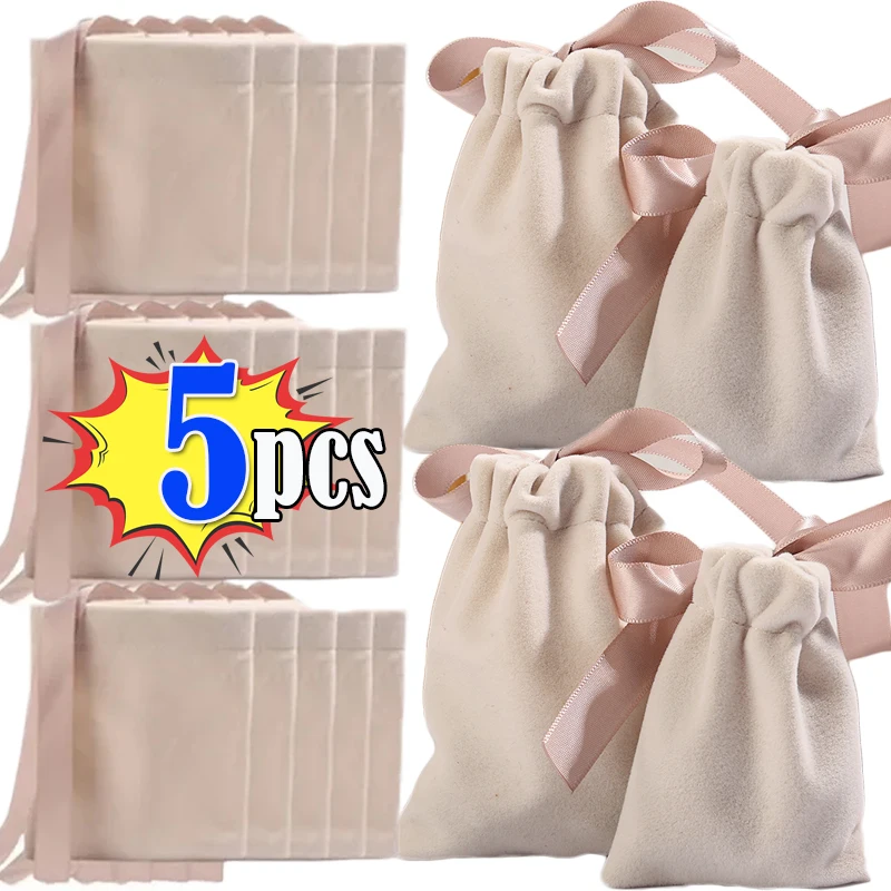 5pcs Jewelry Packaging Pouches Beige Velvet Ribbon Drawstring Bags Luxury Earrings Rings Necklace Bracelet Storage Bags