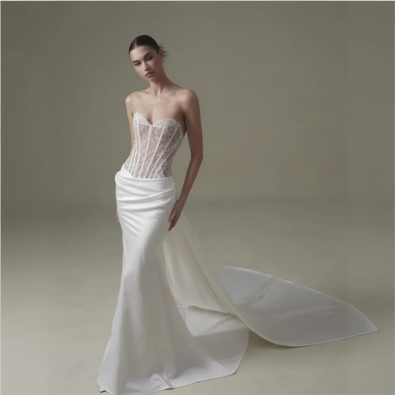 

Customized Strapless Wedding Dress with Appliques Sweetheart Neckline Satin Sheath Lace-up Back Floor Length Sweep Train Gown