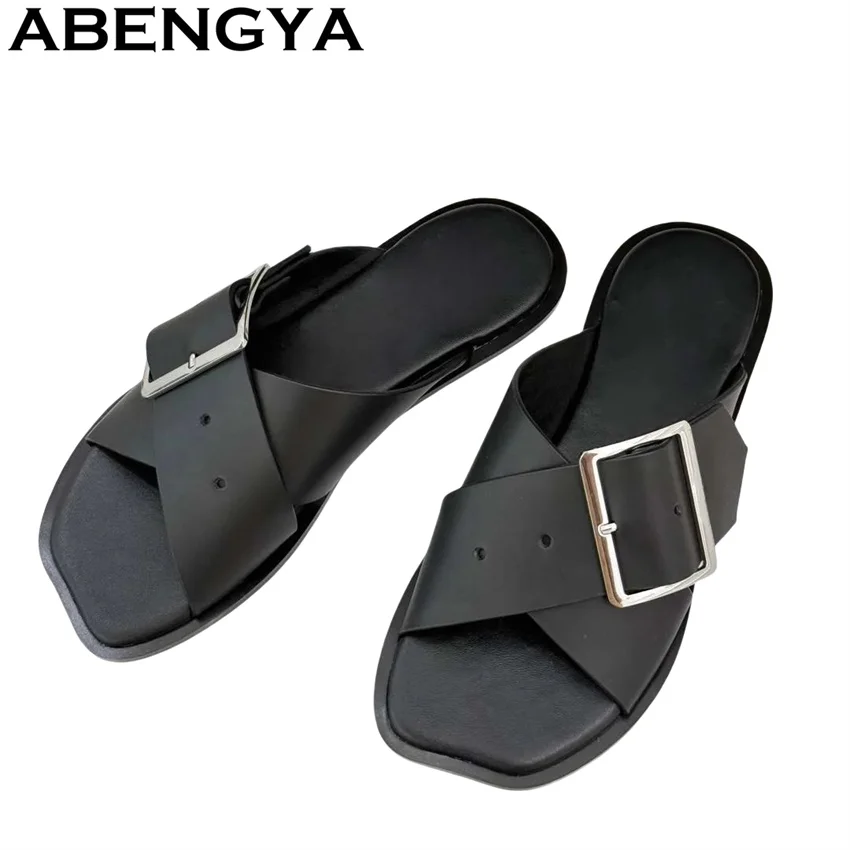 

2025 Summer New Women's Open Toe Flat Slippers Genuine Leather Buckle Flat Slippers Women Casual loafers Shoes Zapatos De Mujer