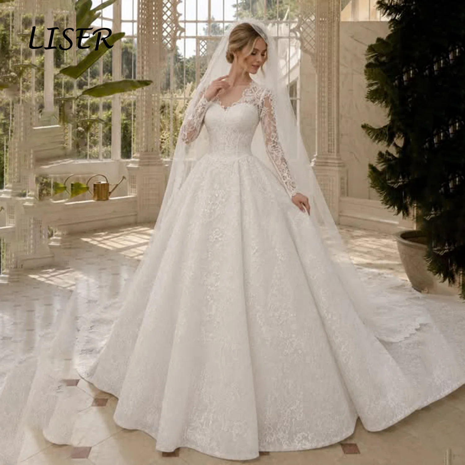 LISER Customized Ivory V Neck Long Sleeve Lace Ball Gown Wedding Dress Full Floral Pattern Oversized Skirt Luxury Robe De Mariée