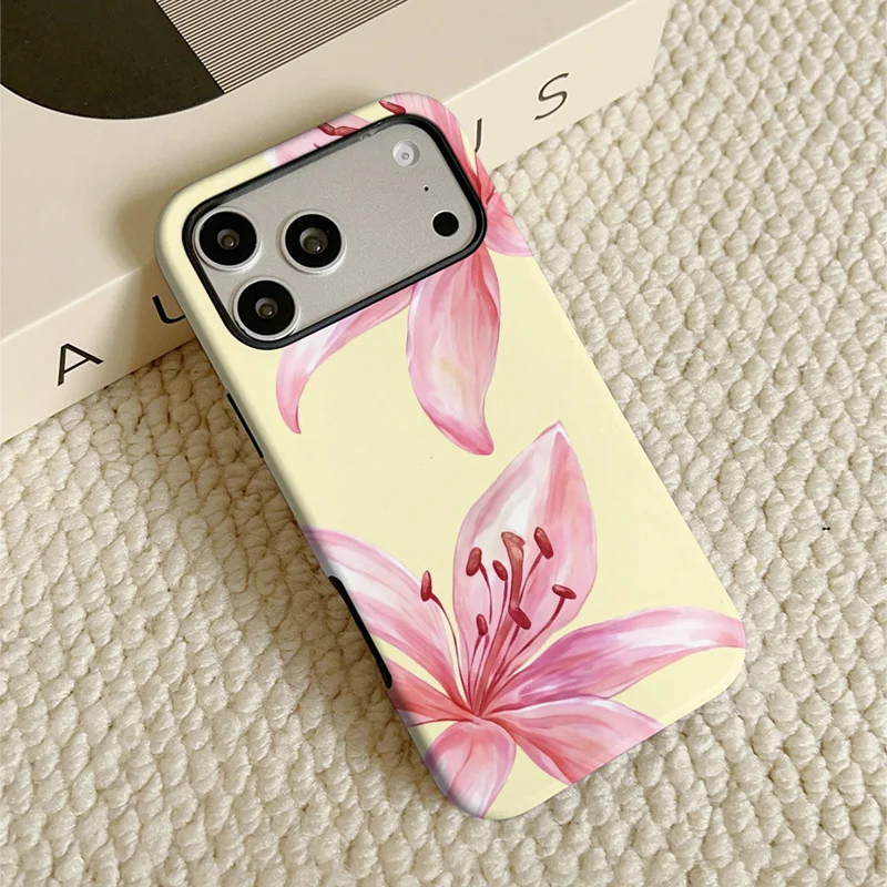 Pink Lily Pattern Film Phone Case, suitable for iPhone 18, 17, 17 Pro, 16, 15, 14, 14 Plus, 13, 12, 11, etc.