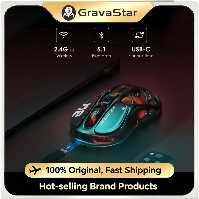 GravaStar Mercury M2 Wireless Gaming Mouse 26000 DPI PAW3395DM Sensor 79g Lightweight Hollow 5 Buttons RGB