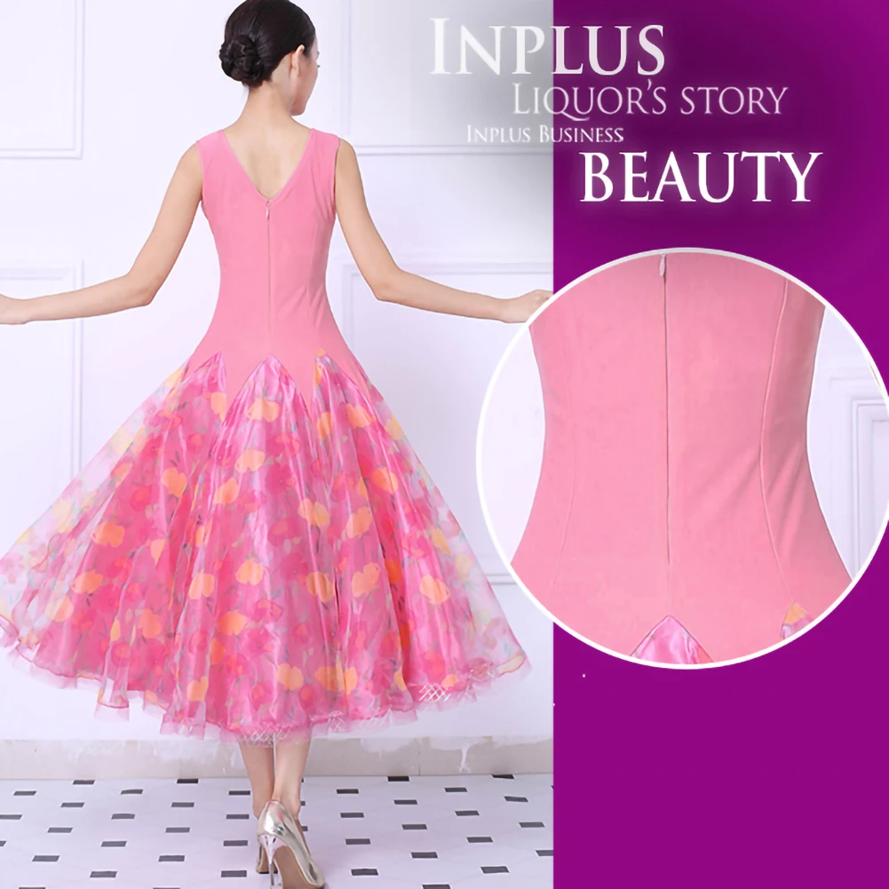 Walzerkleid Neues Ballsaal-Flamenco-Kleid mit Punkten und V-Ausschnitt, Standard-Wettbewerb, schmale Passform, ärmellos, rosa, schöner Gesellschaftstanz