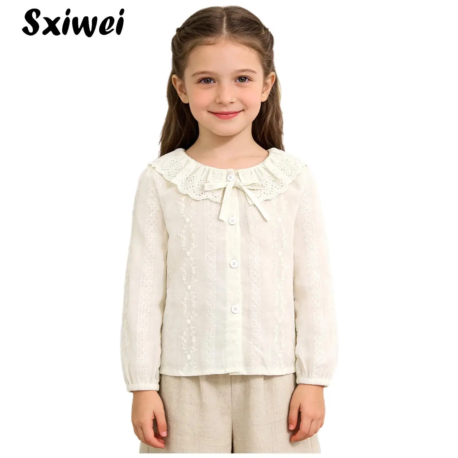 

Kids Girls Elegant Embroidery Blouses Cardigan Crew Neck Long Sleeve Front Button-up Shirts Boho Jacket for Daily Casual School