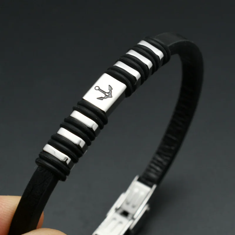 8mm Wide Black Genuine Leather With Anchor Rudder Engraved Stainless Steel Bracelet For Men Jewelry