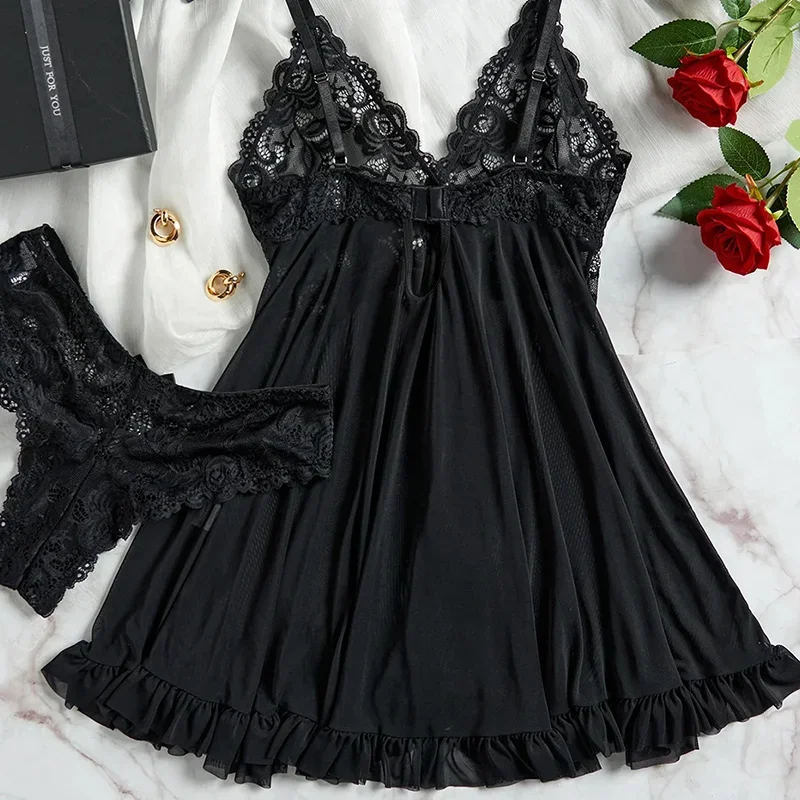 Women's Sexy Lace Sleepwear Set Transparent Lingerie Nightdress with Panty Comfortable Nightwear