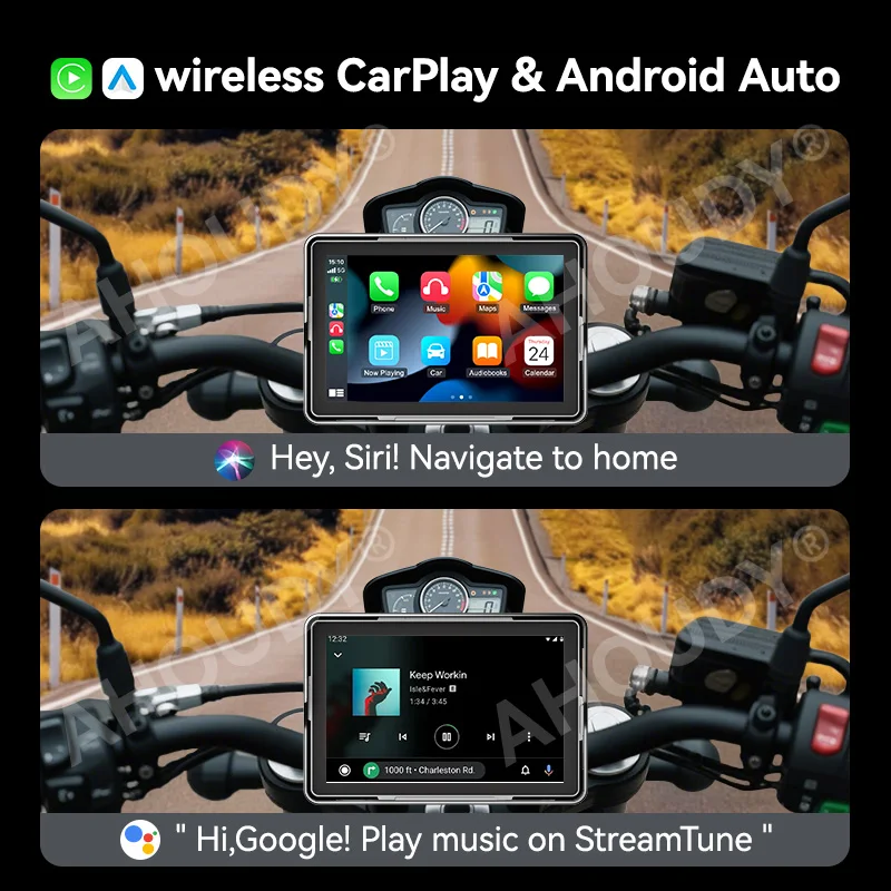 AHOUDY 5'' Motorcycle Navigation Portable Screen Wireless Carplay Android Auto IP67 Bluetooth 5G WIFI Moudle