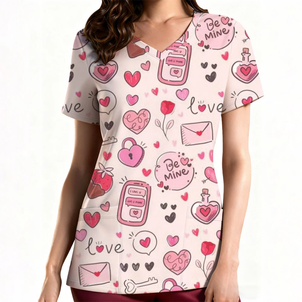 女性用花柄看護ユニフォーム レディース半袖Vネック介護従事者看護師作業用医療スクラブユニフォームブラウストップスユニフォーム