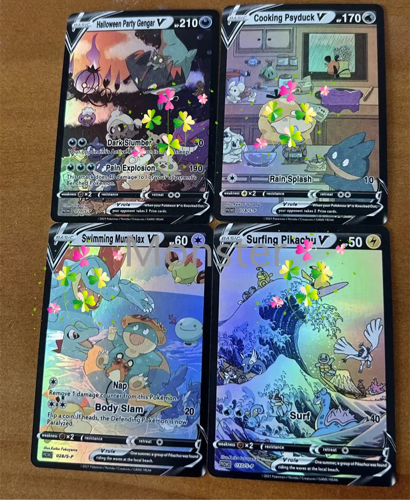 

4Pcs/set DIY PTCG Pokemon Flash Card Personality Card Surfing Pikachu Swimming Munchlax Party Gengar Cooking Psyduck Anime