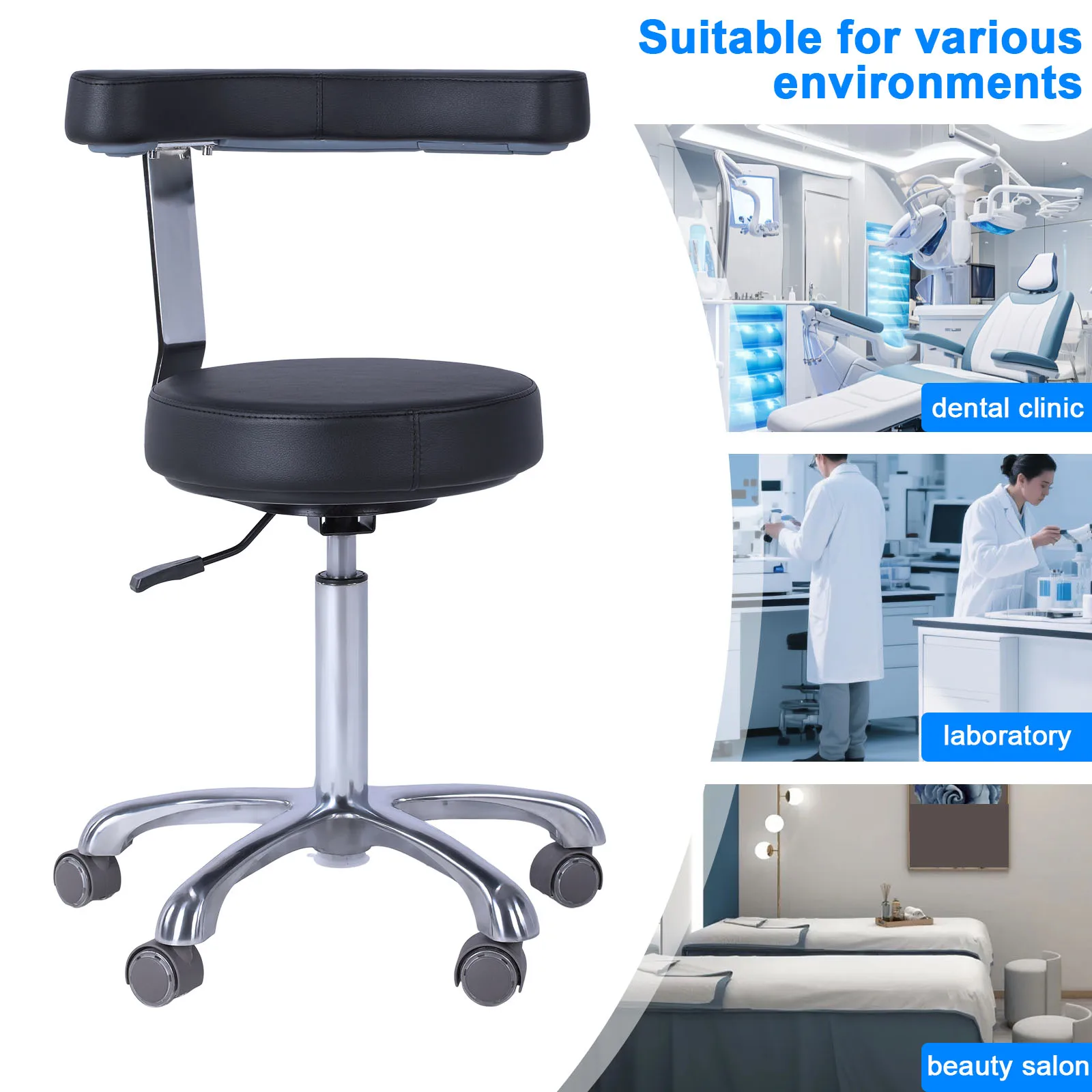 

Медицинский стул на колесиках с регулировкой высоты и спинкой, кожаный вращающийся стул для салона, магазина, офиса, спа-салона, студии, лаборатории