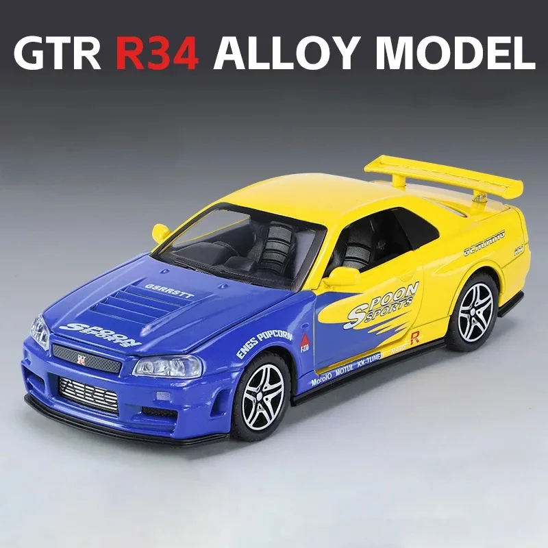 1:32 Nissan GTR R34 Skyline Fast & Furious Alloy Car Model Sound and Light Pull Back Children\'s Toy Collectibles Birthday gift