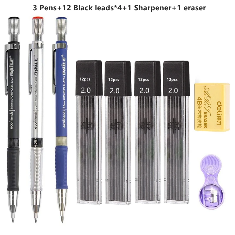 2,0 mm Druckbleistifte Set 2B Automatische Studentenstifte Farbe/Schwarze Minenminen Kunstskizze Schulbedarf Kawaii Briefpapier