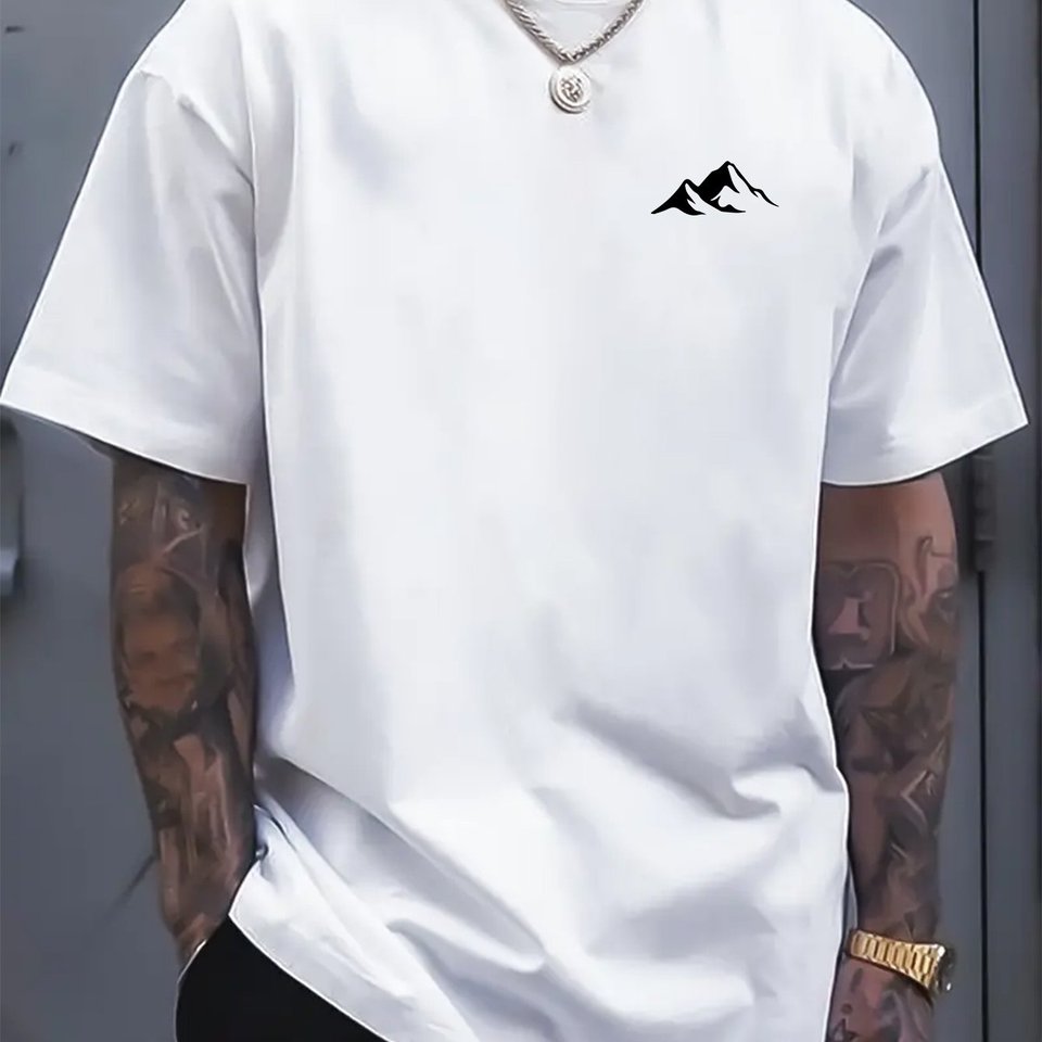  Men's Summer 100% Pure Cotton Fashionable Casual Loose Mountain Pattern Printed Sports Round Neck Short Sleeved T-shirt Top 