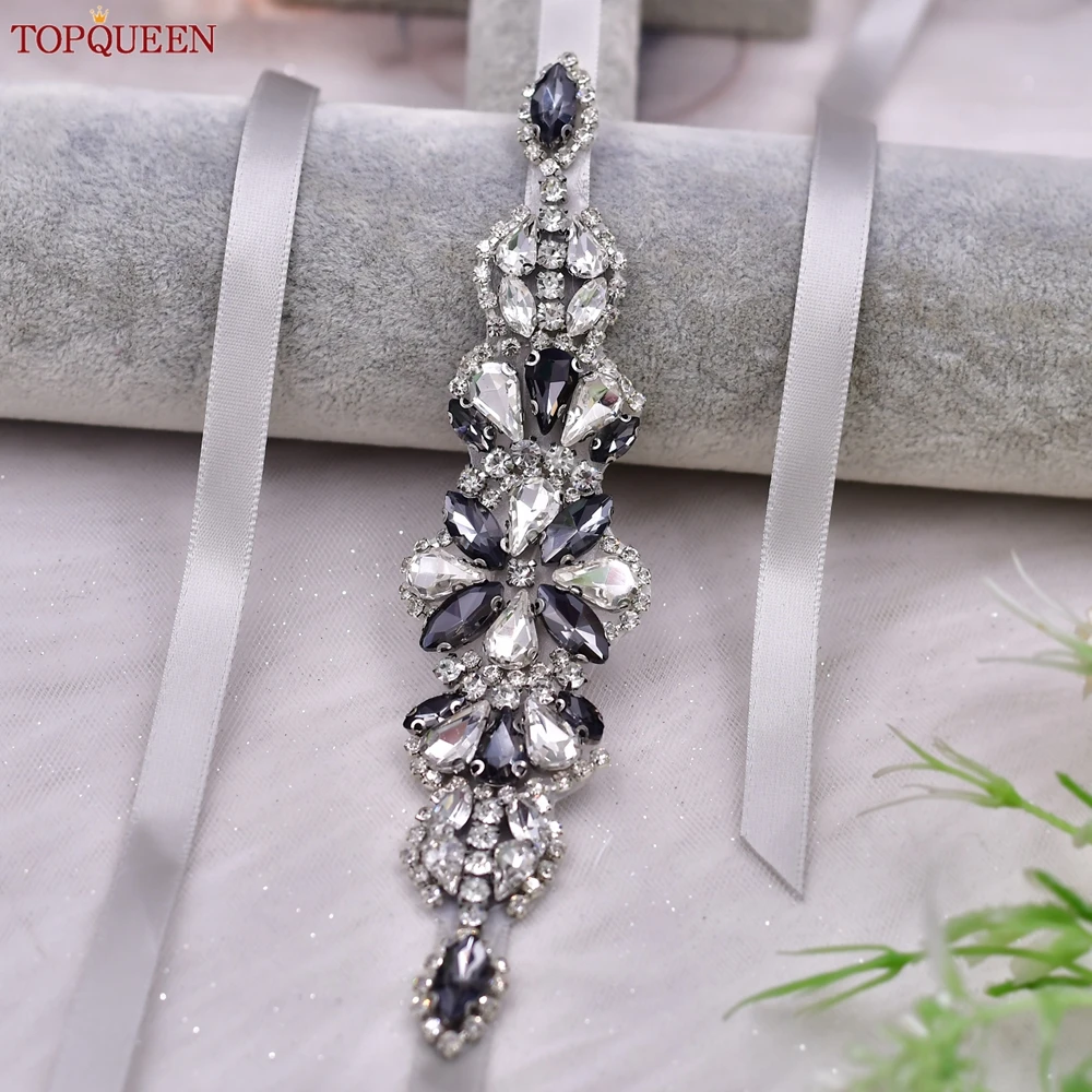 TOPQUEEN New Design Gray Rhinestone Belt Wedding Sash Handmade Patch Bridesmaid Belt Bridal Party Dress Belt S464-H