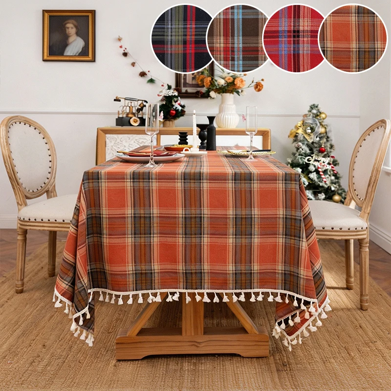 1Pc Christmas Grid Tassel Tablecloth, Holiday Party, Homestay Restaurant, Living Room Decoration,Multiple Dining Tables Suitable