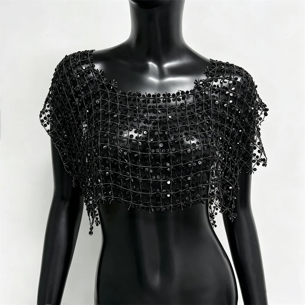 Damen Acryl-Pailletten Mesh Crop Tops Sexy Ausgehöhlt Durchsichtig Handgefertigtes Patchwork T-Shirt Rave Festival Party Tanktops – Detail 14