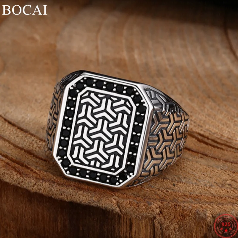 

BOCAI S925 Sterling Silver Rings for Men Women Weaven Pattern Inlaid Micro Black Zircon New Fashion Punk Jewelry Free Shipping