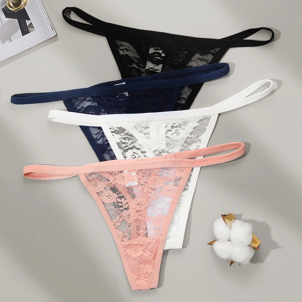 FNIO 3 uds bragas sexis de encaje para mujer, ropa interior con Tanga de cintura baja, Tanga transparente calada sólida, lencería suave y transpirable para mujer