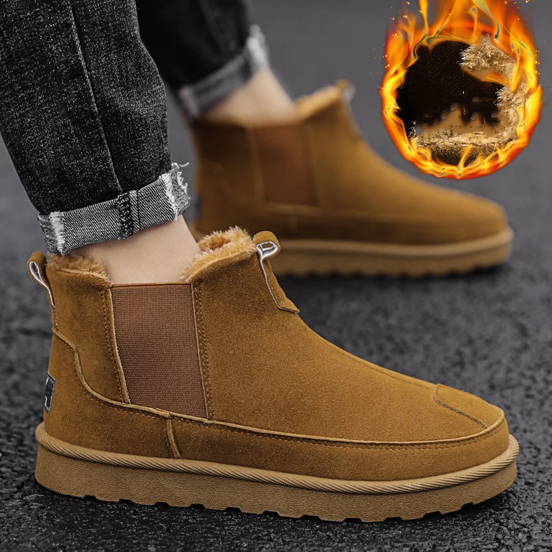 Winter Men Boots Warm Fur Snow Boots Slip On Casual Furry Soft Shoes Male Fluffy Plush Comfortable Outdoor Flat Ankle Shoe 39-44