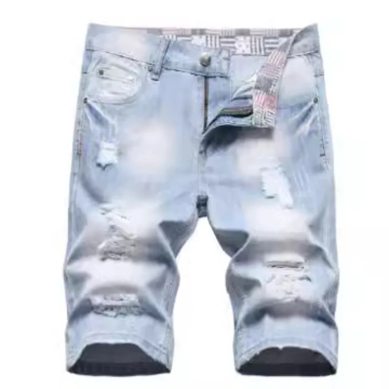 

Ripped Holes Denim Shorts Men's Summer Distressed Denim Shorts Stylish Button Fly Multi-pocket Design Slim Fit for Youthful