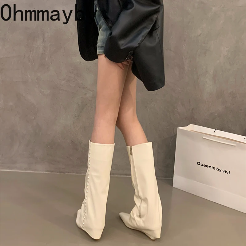 Vintage Women Knee-High Boots Fashion Elegant Pointed Toe Shoes Autumn Winter Wedges Heel Women\'s Knight Long Booties