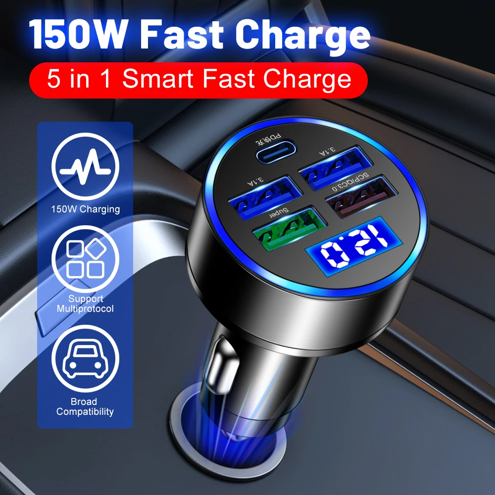 Digitalanzeige-Autoladegerät, 150 W, 5 Anschlüsse, PD QC 3.0, schnelles Laden für iPhone, Samsung, Huawei, Xiaomi, Auto-Zigarettenanzünder-Adapter