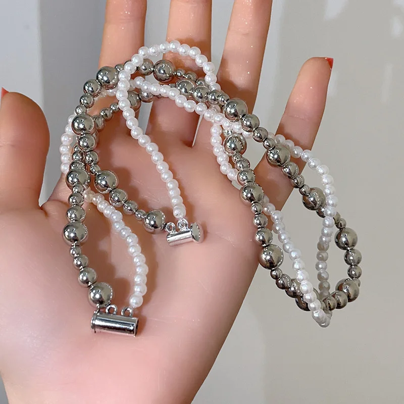 Fashion Imitation Pearl Wrapped Necklace Double Layer Magnetic Buckle Neck Chain Choker Necklace Jewelry Gift Wholesale image 5