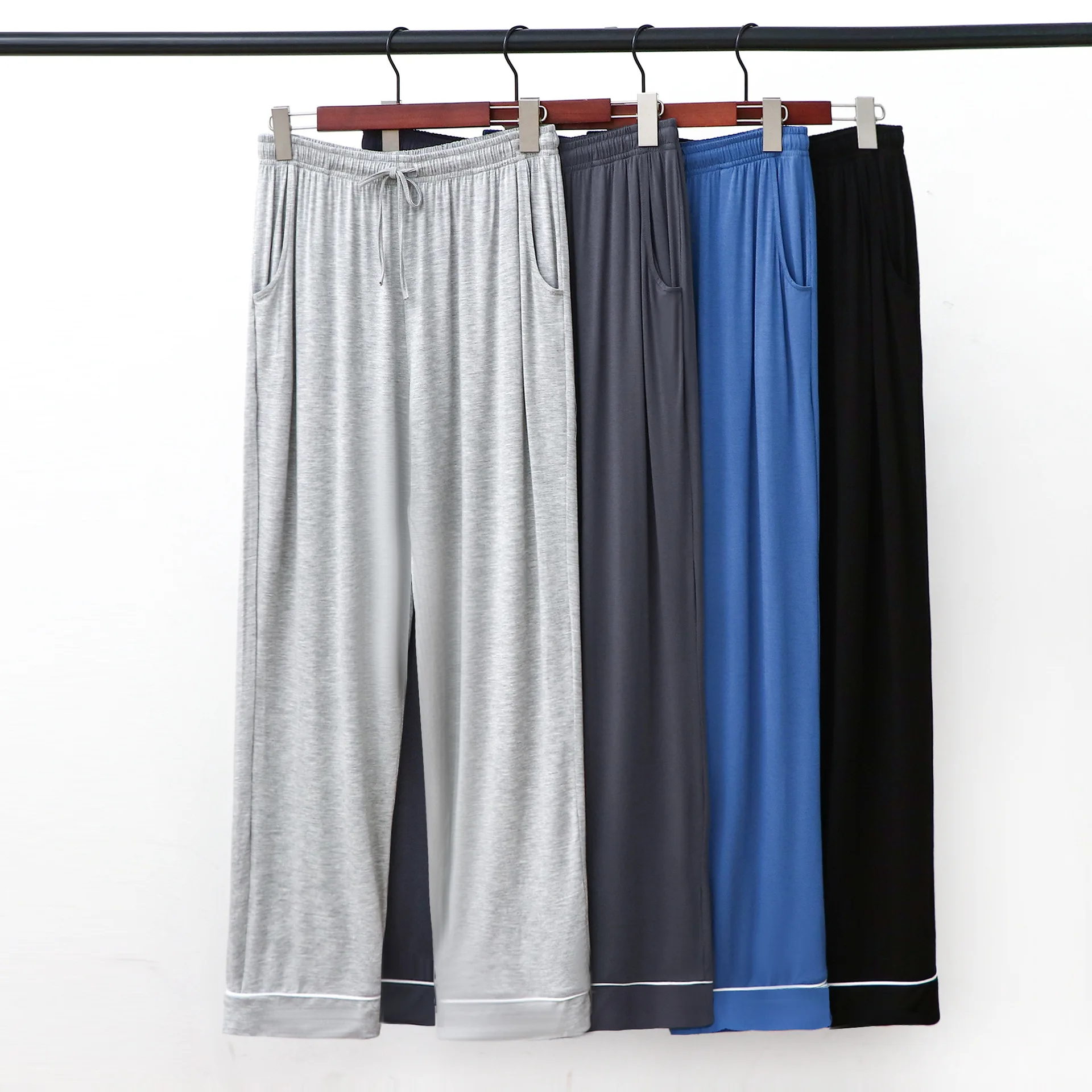 Pantalones de pijama largos de Modal para hombre, ropa de dormir azul, pantalones de salón suaves, ropa de dormir lisa, ropa de casa suelta, 3XL